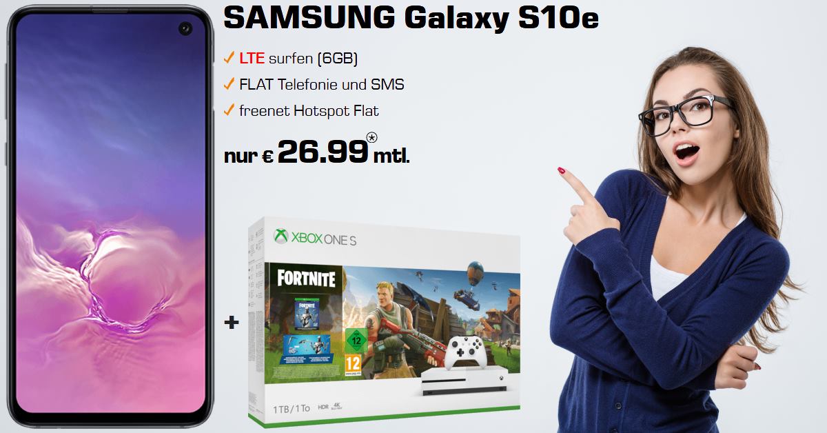 Galaxy S10e mit Xbox One S Fortnite-Bundle und 6 GB LTE Allnet-Flat Handyvertrag